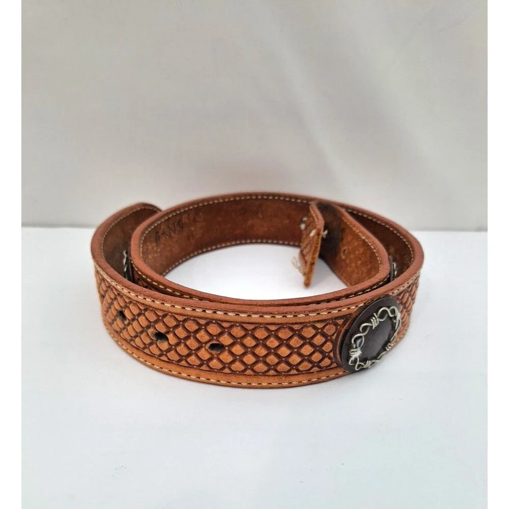 Vintage Double J Saddlery Belt Sz 34 Brown Leather Concho 90's Western No Buckle